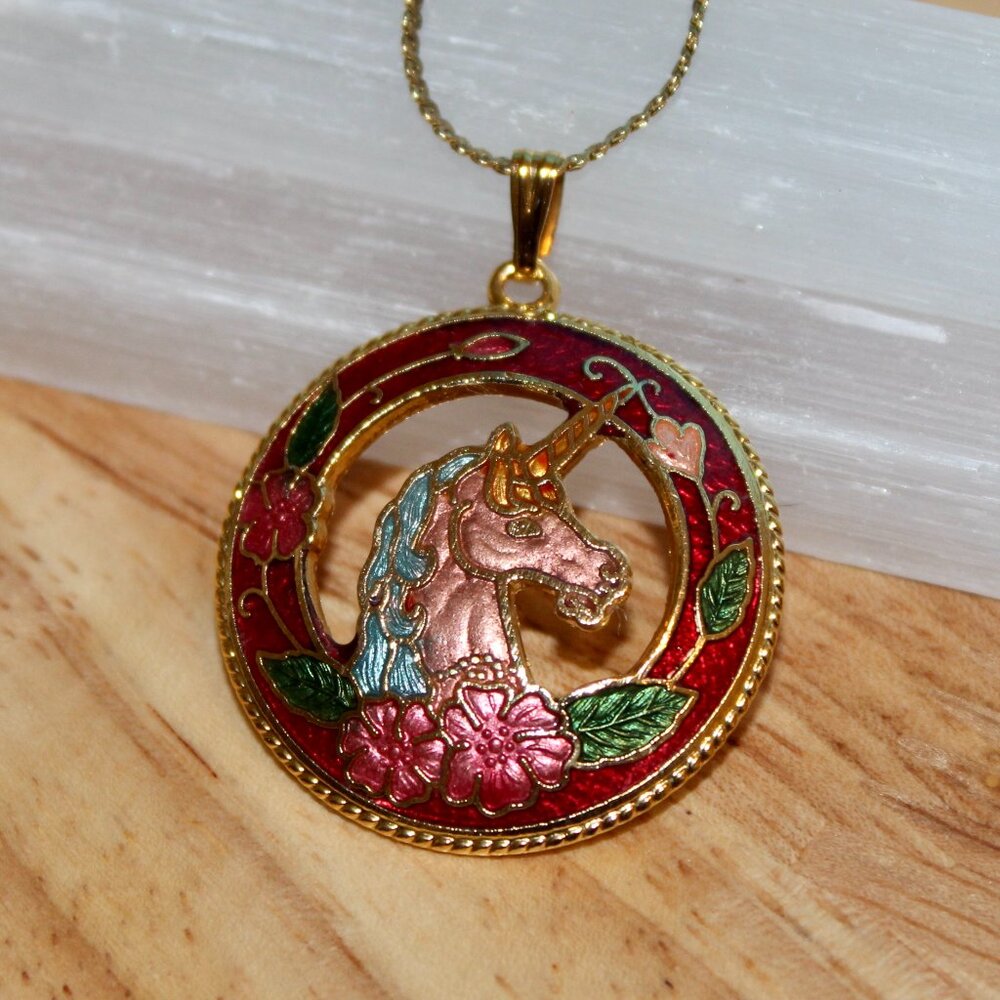 Vintage Stephano Cloisonne Unicorn Pendant Necklace